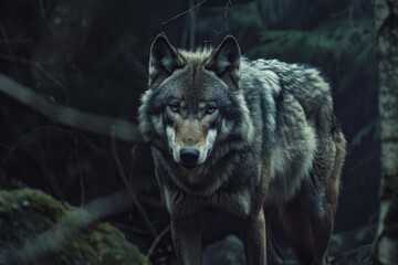 A captivating gray wolf stands alert among the shadows of a mistshrouded woodland