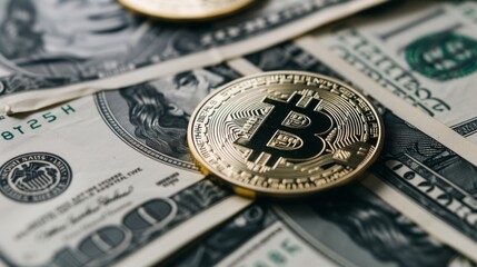 Bitcoin coin placed on top of a pile of US dollar bills