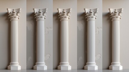Obraz premium Five classical Corinthian columns with fluted shafts and ornate capitals featuring acanthus leaves and scrolls, placed against a plain background.