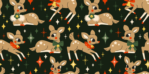 Cotton fabric Seamless pattern with Cute fawns and stars in 1950s retro style. Vintage Mid century modern Christmas deer postcard, wrapping paper. Hand drawn vector illustration. 