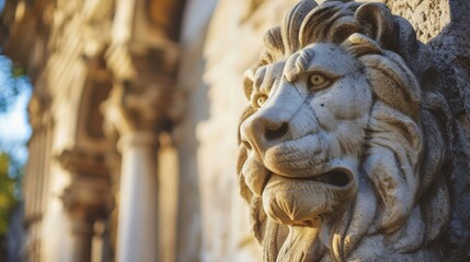 Naklejka premium Majestic stone lion statue guarding the entrance gate of an old building or estate