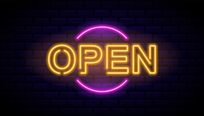 Bright Retro Neon Sign Displaying The Word Open In Yellow And Pink Colors Against A Dark Brick Wall. Vector Signboard