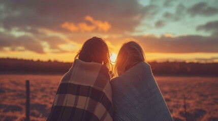 Two women wrapped in a blanket, standing close together and watching the sunset