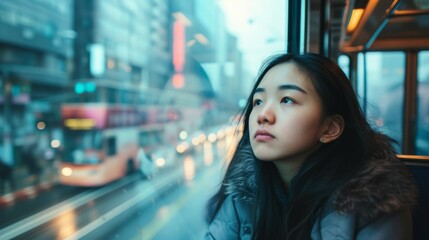 Girl gazing out of the window of a tram