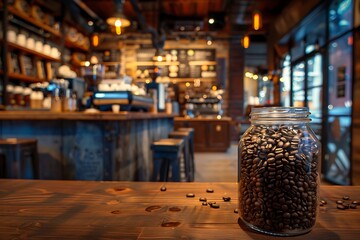 Rustic Coffee Shop Interior with Glass Jar Filled with Fresh Coffee Beans