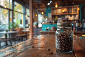Warm and Inviting Coffee House Decor with Jar of Coffee Beans