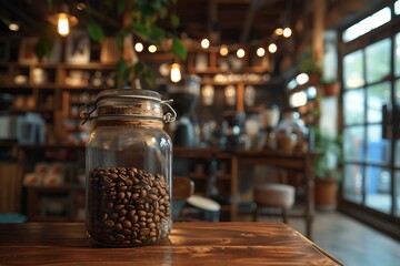 Charming Café Setting Featuring a Jar of Coffee Beans on Wooden Surface