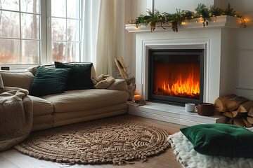 Dans le salon de la maison, la cheminée en brique chauffe l'intérieur avec des flammes brûlantes et des braises, ajoutant une touche de luxe et de confort hivernal à la décoration de Noël.