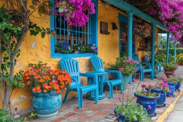 Obraz premium Colorful outdoor seating area with vibrant chairs and flowers, cheerful and lively atmosphere, natural light, urban environment, clear and detailed, bright and vibrant.