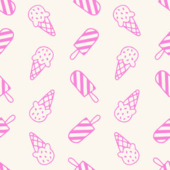 Pink ice cream and popsicle pattern on a beige background. Seamless repeating template for design and print