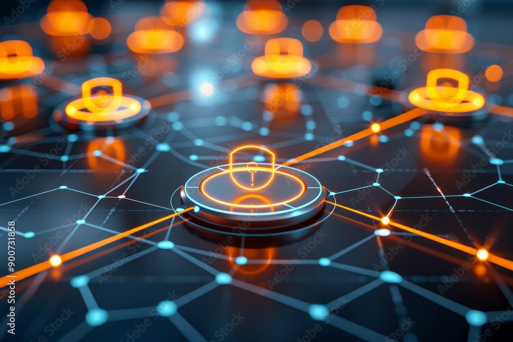 Poster digital illustration of a network with orange security icons representing cybersecurity and data pro