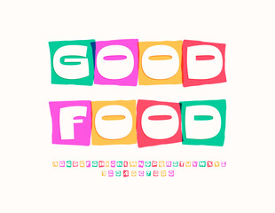 Vector advertising signboard Good Food. Bright Creative Font. Unique Colorful Alphabet Letters and Numbers set