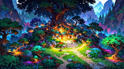 Naklejka premium vibrant breathtaking panoramic view of an enchanted fo background
