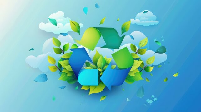 Blue and green themed icon with recycling symbol and leaves, eco-friendly design with sky background. Icon representing the ecological call to recycle