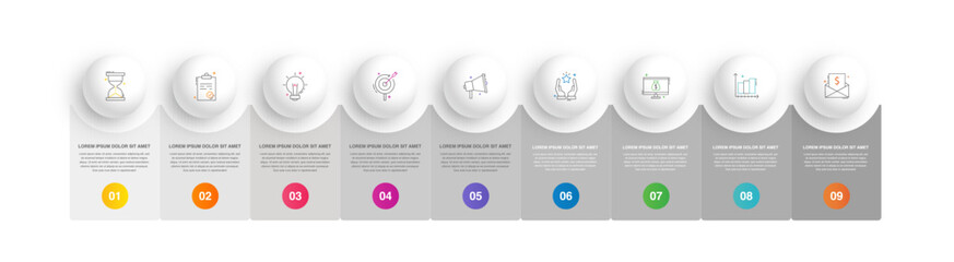 Modern vector infographics design template. Concept with 9 steps, labels. Creative timeline with graph elements, percentage circles and icons. Performance analysis in percent