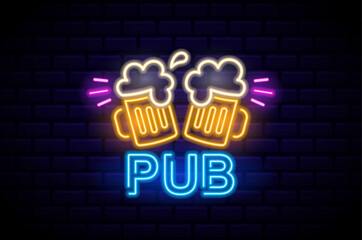 Bright And Colorful Retro Neon Sign Depicting Two Beer Mugs With Foam And The Word Pub Set Against A Dark Brick Wall
