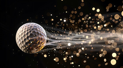 A Dynamic Golf Ball in Mid-AirCapturing Spin and Motion Against a Stark Black Background with Intricate Details and Dazzling Highlights