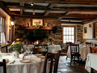 Charming restaurant interior with rustic elements and warm lighting providing a cozy dining experience