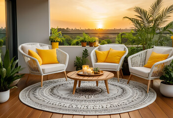 Fototapeta premium White and yellow sits beneath a low wooden table holding candles and a small plant. 