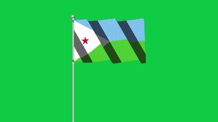 4K DJIBOUTI flag old animation with pole waving on chroma key green screen 
