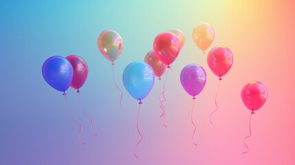 Colorful balloons floating in the sky with a rainbow gradient background