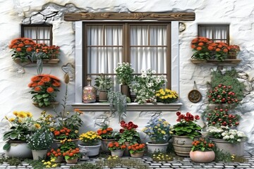 Obraz premium Elegant Exterior Wall Decor with Potted Flowers Creating a Charming and Inviting Urban Space