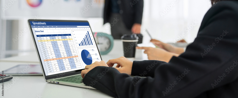 Poster spreadsheet document information financial startup concept. data and graphs in spreadsheet documents