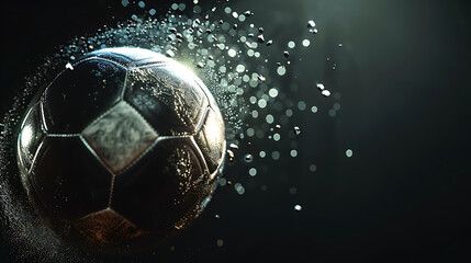 Naklejka premium Dynamic Motion of a Spinning Football Captured in Mid-Air Against a Stark Black BackgroundShowcasing Intricate Details and Dazzling Light Reflections