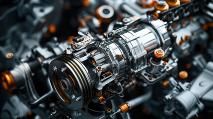 Close-up of a detailed engine assembly with metallic surfaces and orange highlights showcasing various interconnected parts such as gears, bolts, and pulleys.