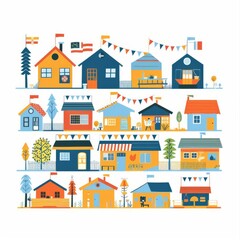 Olympic village, international community, flat design illustration, communal, isolated on white background