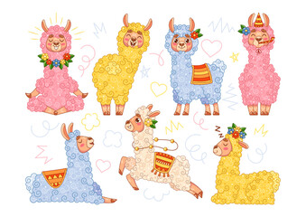 Collection Of Cute Cartoon Llamas In Different Colors And Poses. Cheerful And Playful Animals With Colorful Patterns © Pavlo Syvak