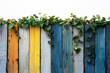 Rustic wooden fence with colorful planks and green vines, creating a vibrant and textured backdrop with a mix of natural and artistic elements.