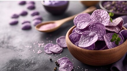 A wooden bowl filled with purple potato chips on a dark surface, surrounded by a wooden spoon with pink salt and additional chips scattered around.