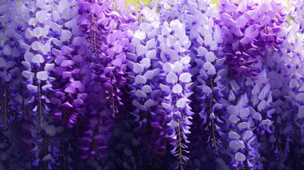Beautiful wisteria flowers in full bloom, cascading down in vibrant purple hues