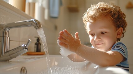 Boy washes his hands thoroughly with soap in the bathroom