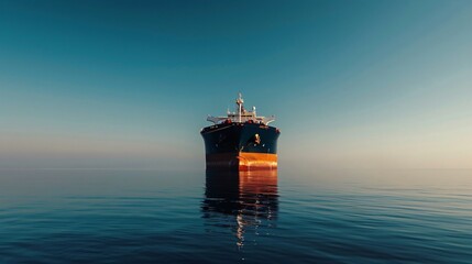 A massive oil tanker navigating through calm, open waters under a clear blue sky