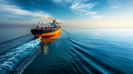 A massive oil tanker navigating through calm, open waters under a clear blue sky