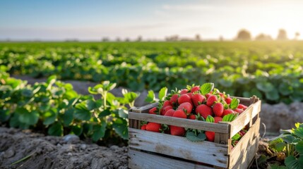 Wooden crate filled with freshly picked strawberries placed on a farm field