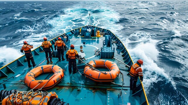A tanker ship crew performing an emergency drill with life rafts and safety equipment