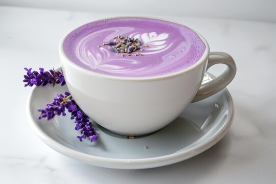 Elegant purple lavender latte with beautiful foam art and fresh lavender sprig on a light backdrop