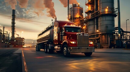 A tanker truck refueling at a large industrial plant