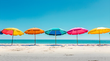 Vibrant beach scene with brightly colored umbrellas, blue sky, and golden sand on a sunny day.