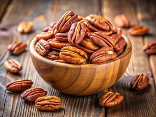 Pecans nuts in a wooden bowl on a table