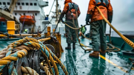 Crew members on the deck of a tanker, handling ropes and machinery