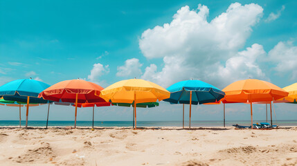 Vibrant beach umbrellas in various hues against a clear blue sky on a sunny day.