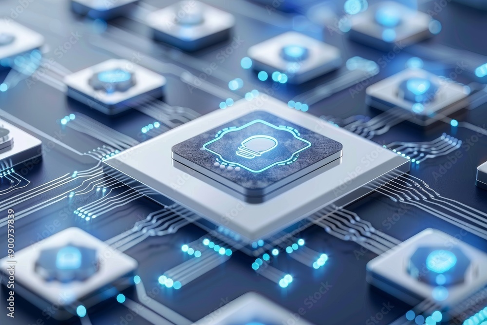 Poster close up of a computer chip on a motherboard symbolizing advanced technology and electronic componen