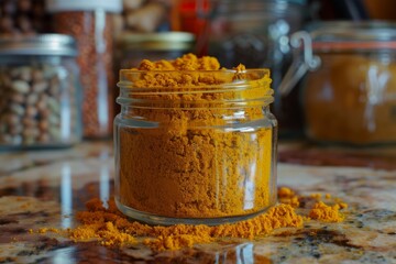 Closeup of a glass jar filled with ground turmeric on a kitchen countertop