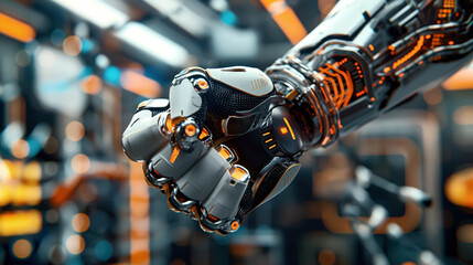 Close-up of a robotic arm with intricate mechanical details and glowing orange lights, set in a futuristic environment.
