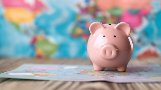 A close-up of a piggy bank with a world map background, representing global savings and the importance of financial planning on an international scale.