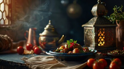 Traditional Moroccan tajine dish with old lantern